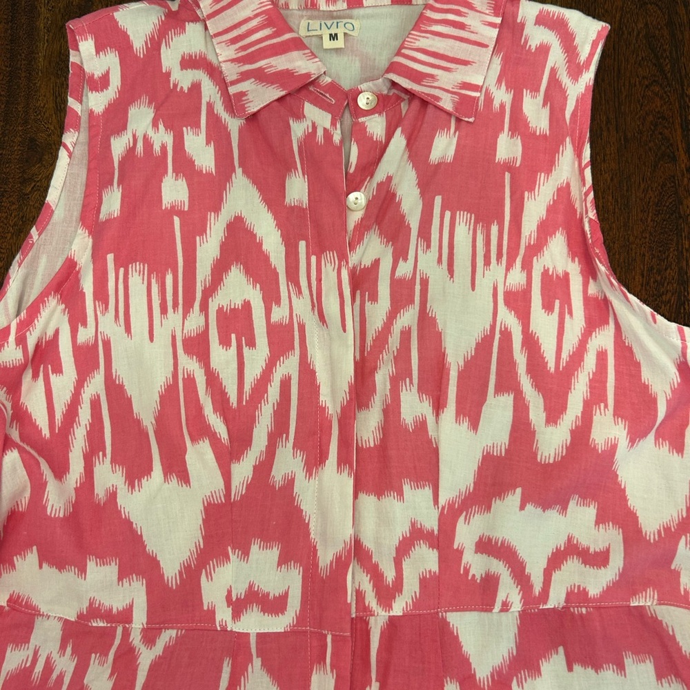 Pink and White Ikat Sleeveless Dress with Notched Collar